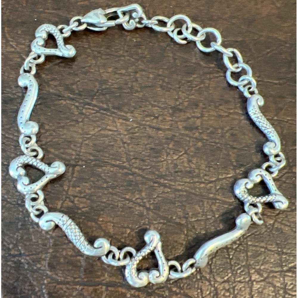 Brighton "Tuscan" Heart Link Bracelet Silver Etched Open Hearts Scroll